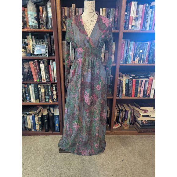 Vintage 70s Handmade Women Small Psychedelic Shimmer Maxi Dress Gown Long Sleeve - Picture 1 of 7